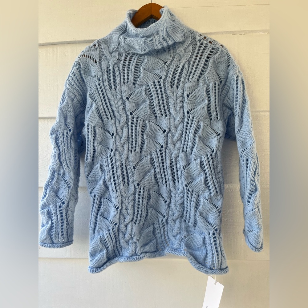 OP Light Blue Cable Hand Knit Mock Neck Acrylic Sweater Womens M NWT